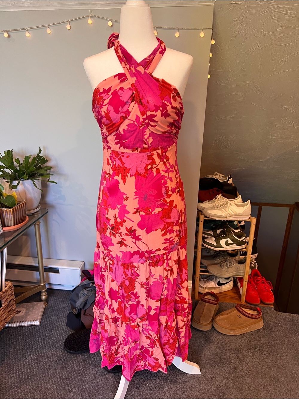 Halter Floral Maxi Dress in Pink